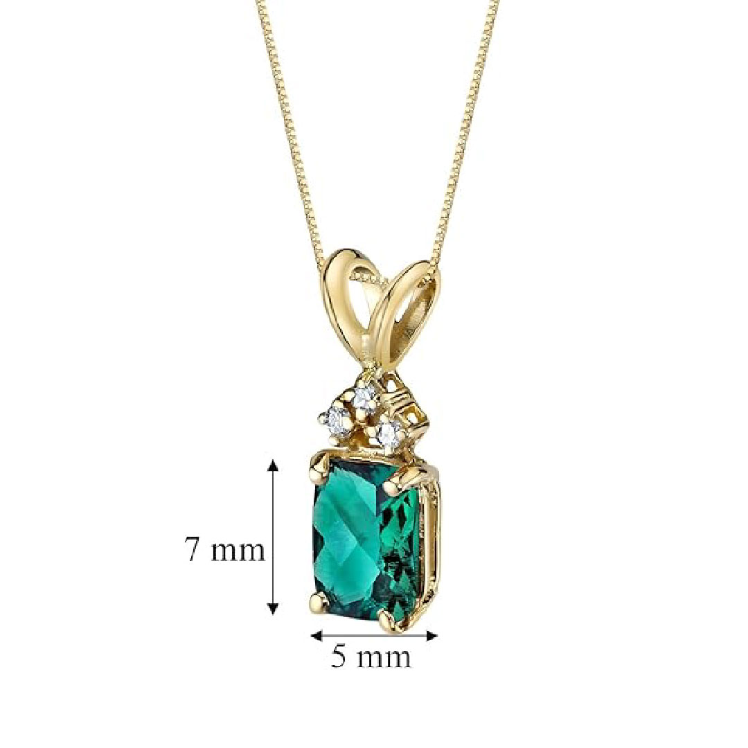 14K Yellow Gold Created Emerald with Genuine Diamond Pendant for Women, Elegant Solitaire, Radiant Cut, 7x5mm, 1 Carat total, Green Emerald Jewelry, May Birthstone, w/Jewelry Box