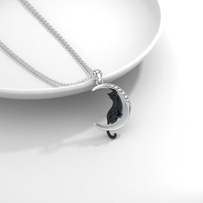 Diamond Black Cat Necklace for Women 925 Sterling Silver Cat and Moon Pendant with Lab Grown Diamonds Jewelry Gifts