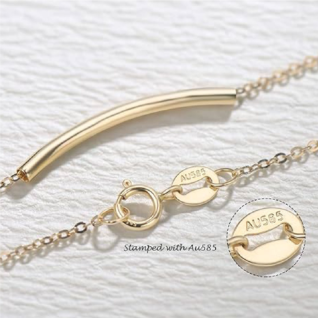 14K Real Solid Gold Smile Necklace Classic Tube Curve Bar Pendant Simple Basic Daily Wear Fine Jewelry for Women 16”+2” Extender