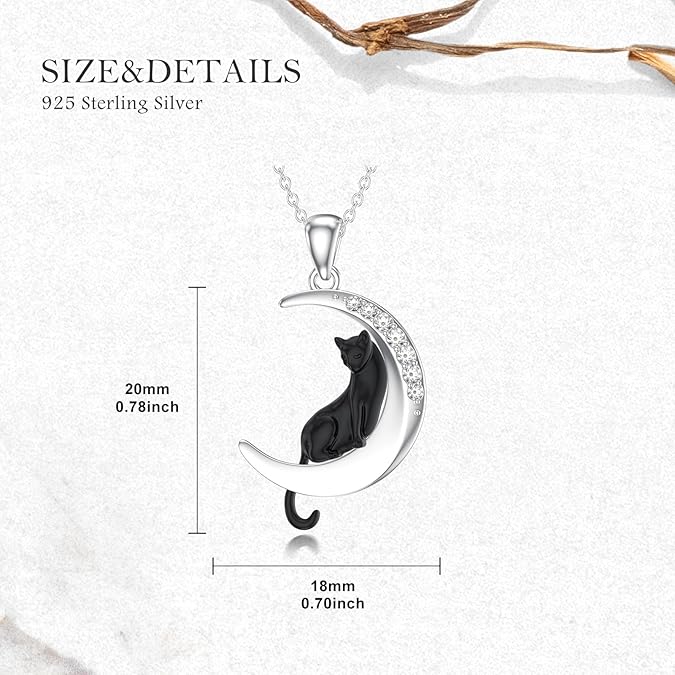 Diamond Black Cat Necklace for Women 925 Sterling Silver Cat and Moon Pendant with Lab Grown Diamonds Jewelry Gifts