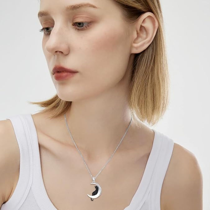 Diamond Black Cat Necklace for Women 925 Sterling Silver Cat and Moon Pendant with Lab Grown Diamonds Jewelry Gifts