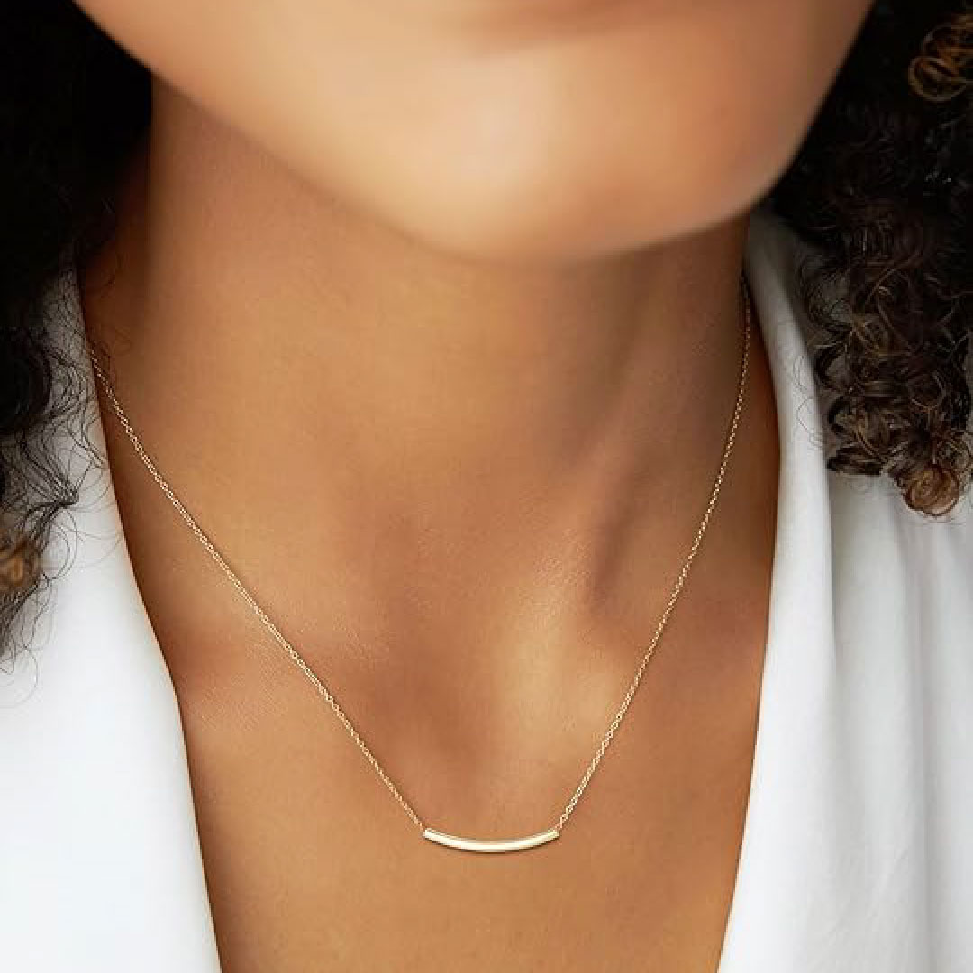 14K Real Solid Gold Smile Necklace Classic Tube Curve Bar Pendant Simple Basic Daily Wear Fine Jewelry for Women 16”+2” Extender