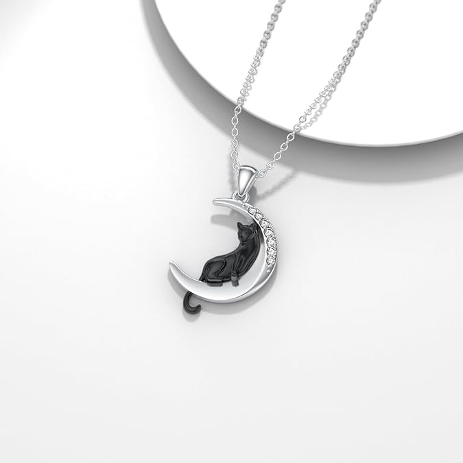 Diamond Black Cat Necklace for Women 925 Sterling Silver Cat and Moon Pendant with Lab Grown Diamonds Jewelry Gifts