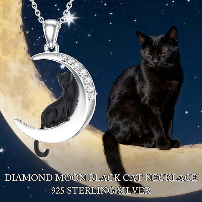Diamond Black Cat Necklace for Women 925 Sterling Silver Cat and Moon Pendant with Lab Grown Diamonds Jewelry Gifts