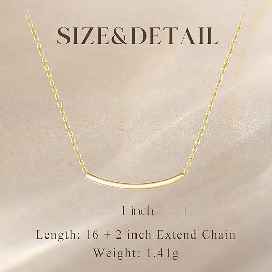 14K Real Solid Gold Smile Necklace Classic Tube Curve Bar Pendant Simple Basic Daily Wear Fine Jewelry for Women 16”+2” Extender