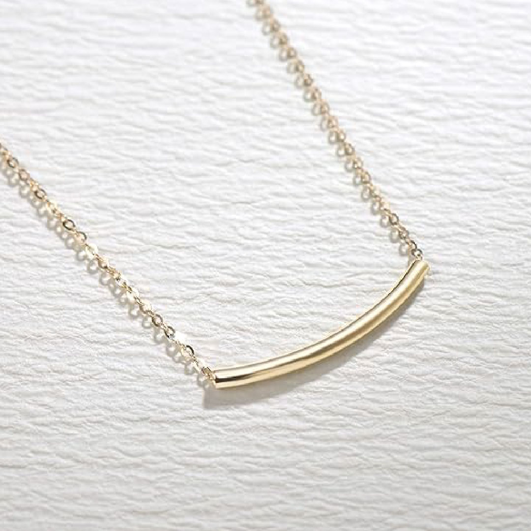 14K Real Solid Gold Smile Necklace Classic Tube Curve Bar Pendant Simple Basic Daily Wear Fine Jewelry for Women 16”+2” Extender
