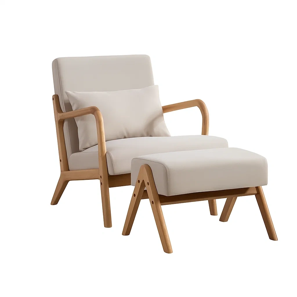 Fauteuil avec Repose-Pieds en Bois Clair et Coussin Beige