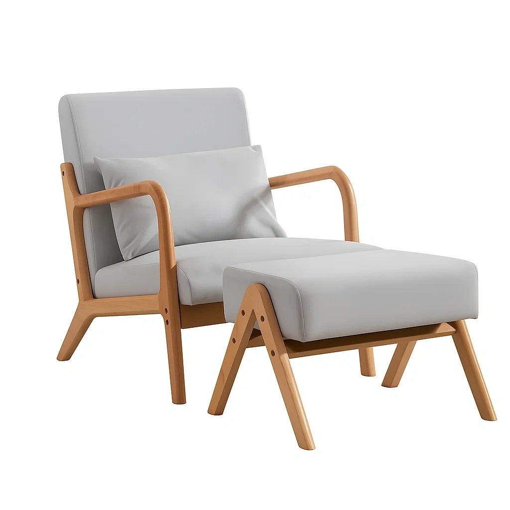 Fauteuil avec Repose-Pieds en Bois Clair et Coussin Beige