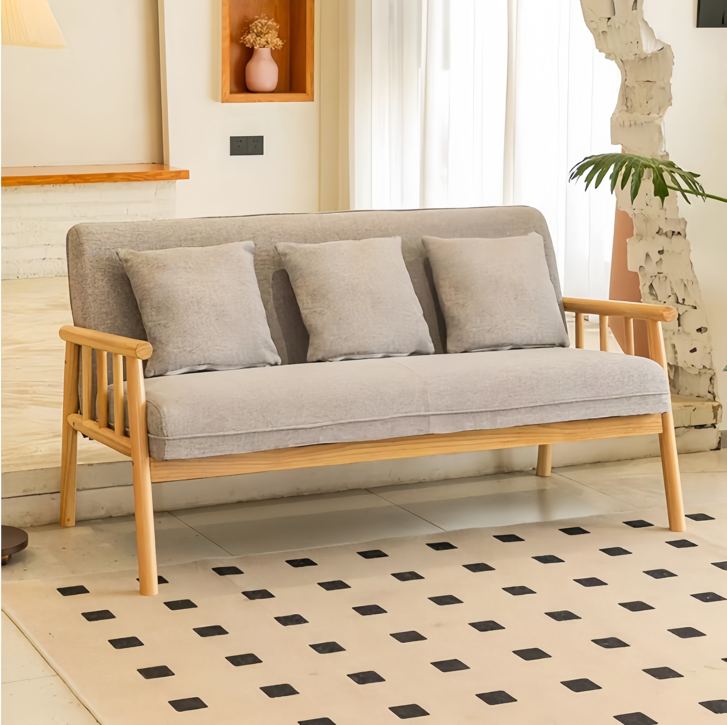 Canapé 3 Places en Bois Clair avec Coussins Gris