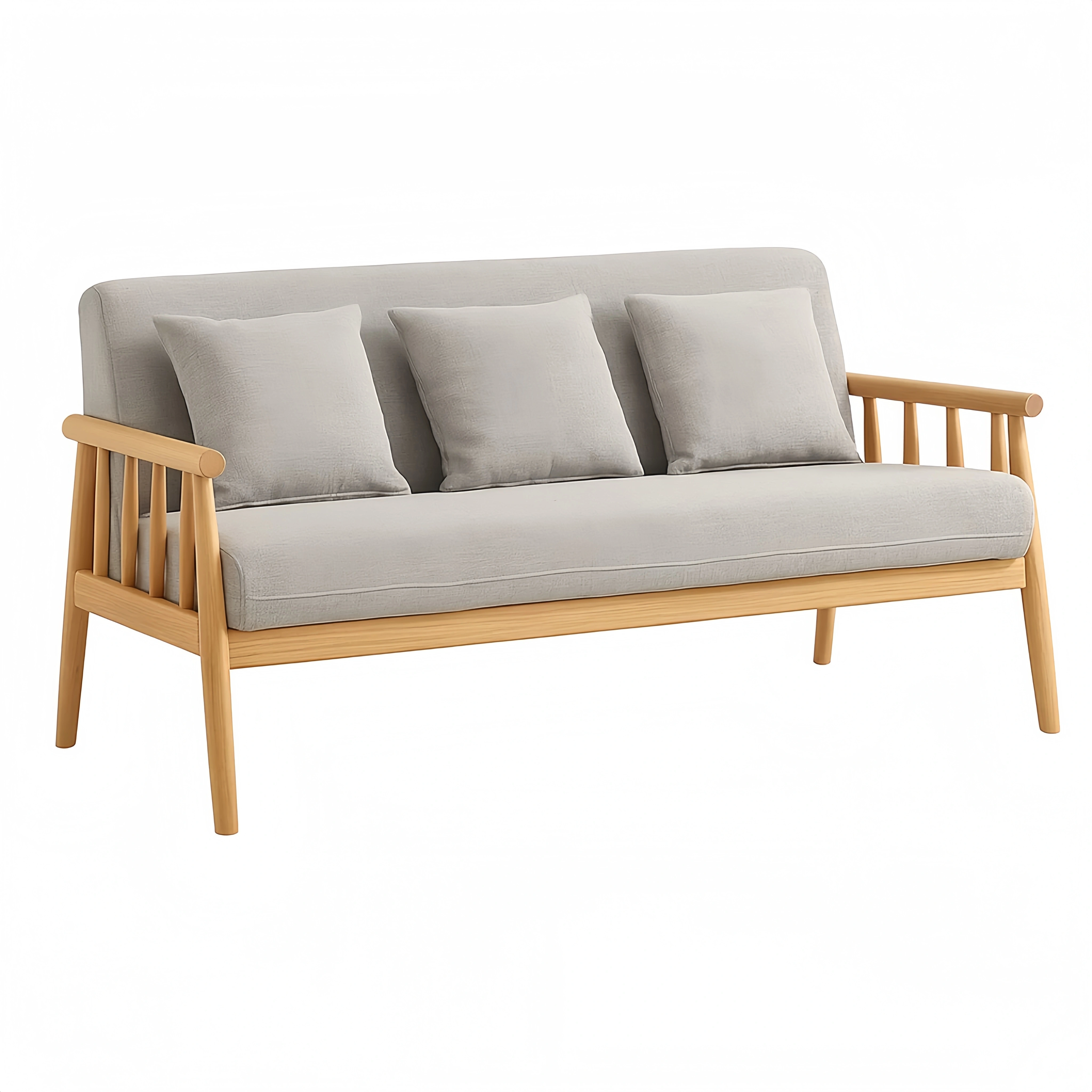 Canapé 3 Places en Bois Clair avec Coussins Gris