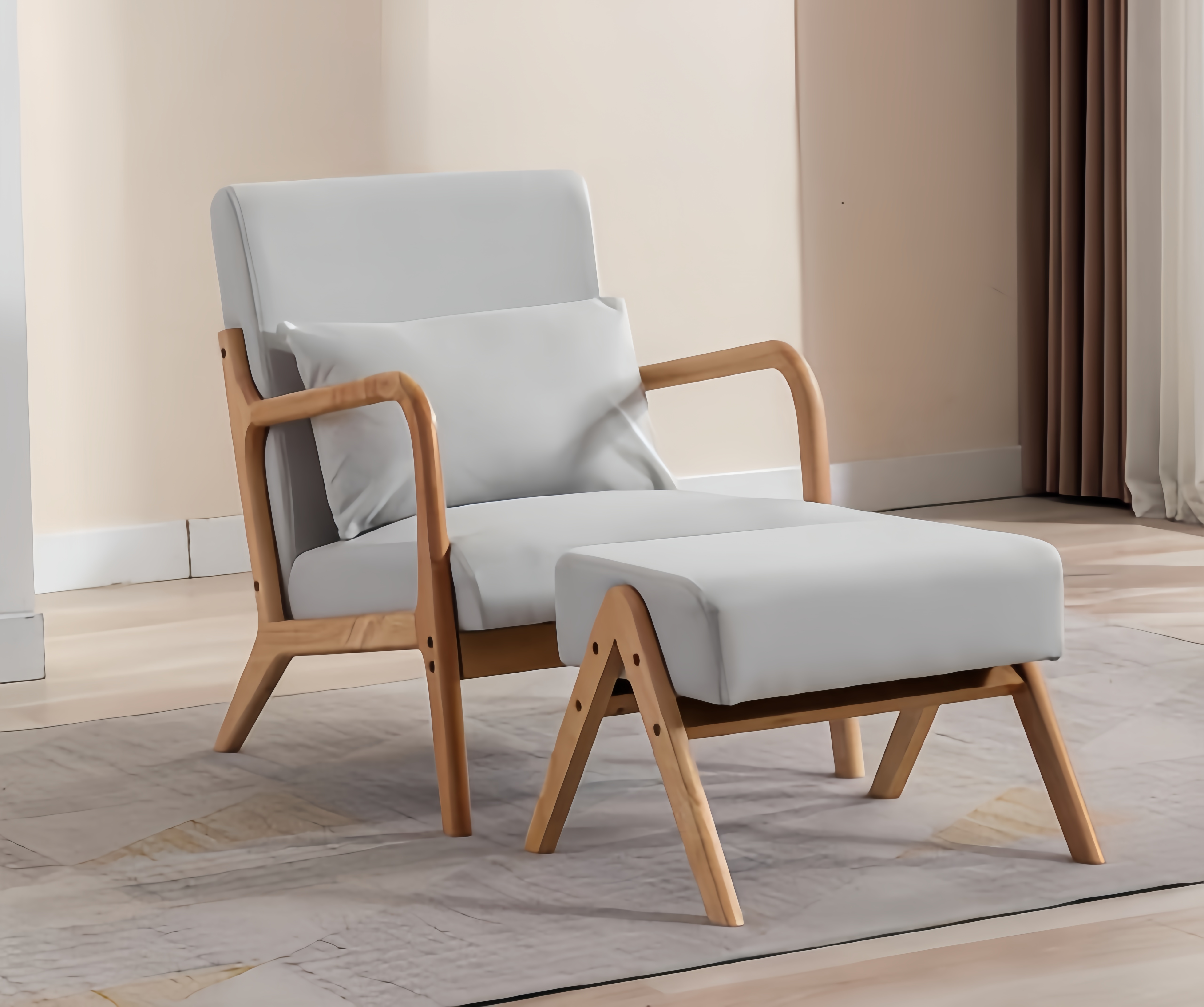 Fauteuil avec Repose-Pieds en Bois Clair et Coussin Beige