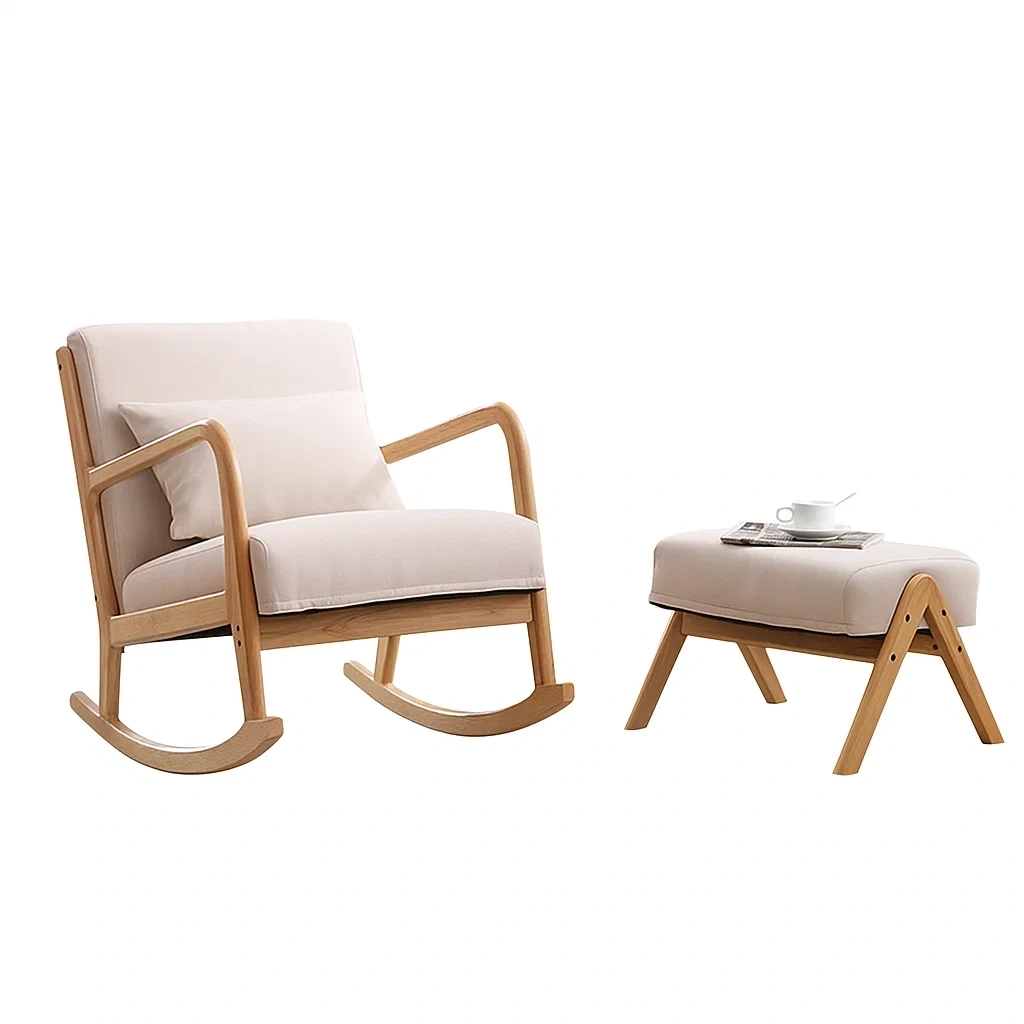 Fauteuil à Bascule avec Repose-Pieds en Bois Clair et Coussin Beige