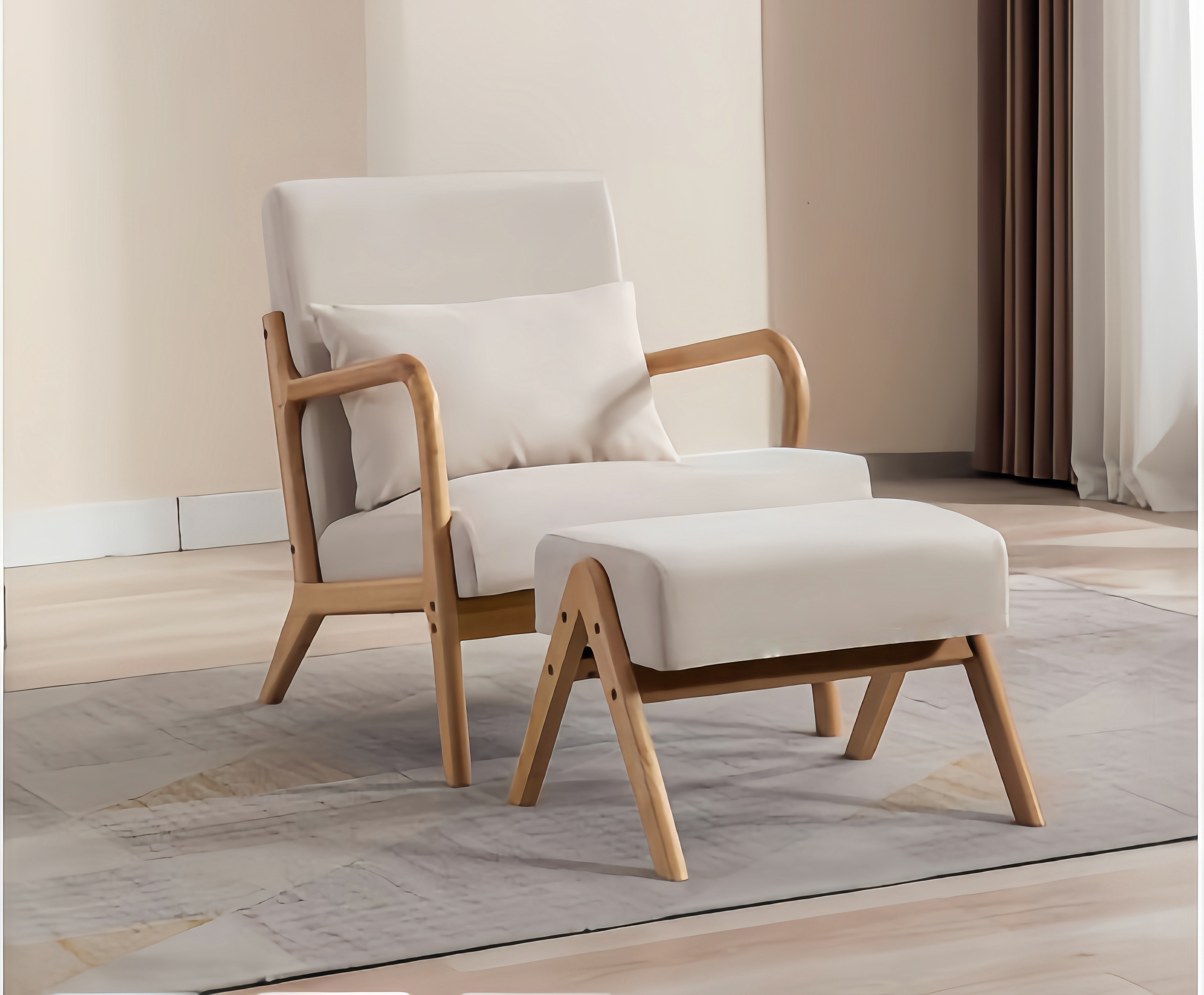 Fauteuil avec Repose-Pieds en Bois Clair et Coussin Beige