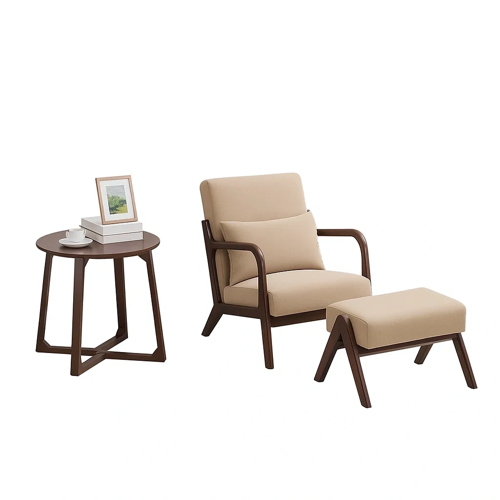 Ensemble 3 pièces avec fauteuil, repose-pieds et table basse en bois