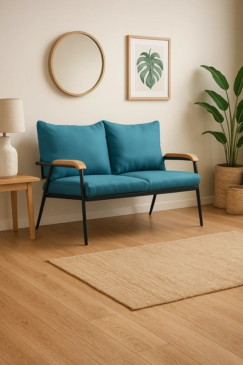 Canapé 2 places moderne avec accoudoirs en bois