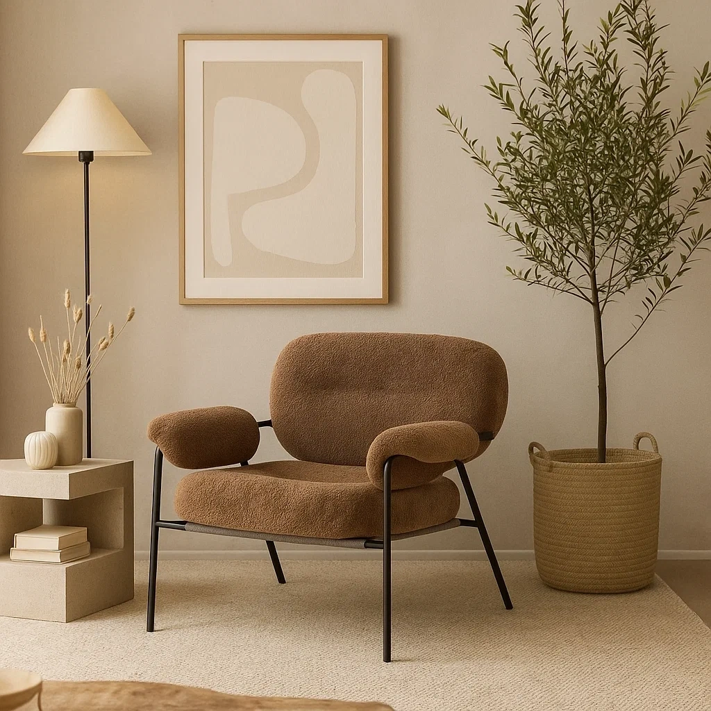 Fauteuil de salon moderne en tissu doux avec accoudoirs