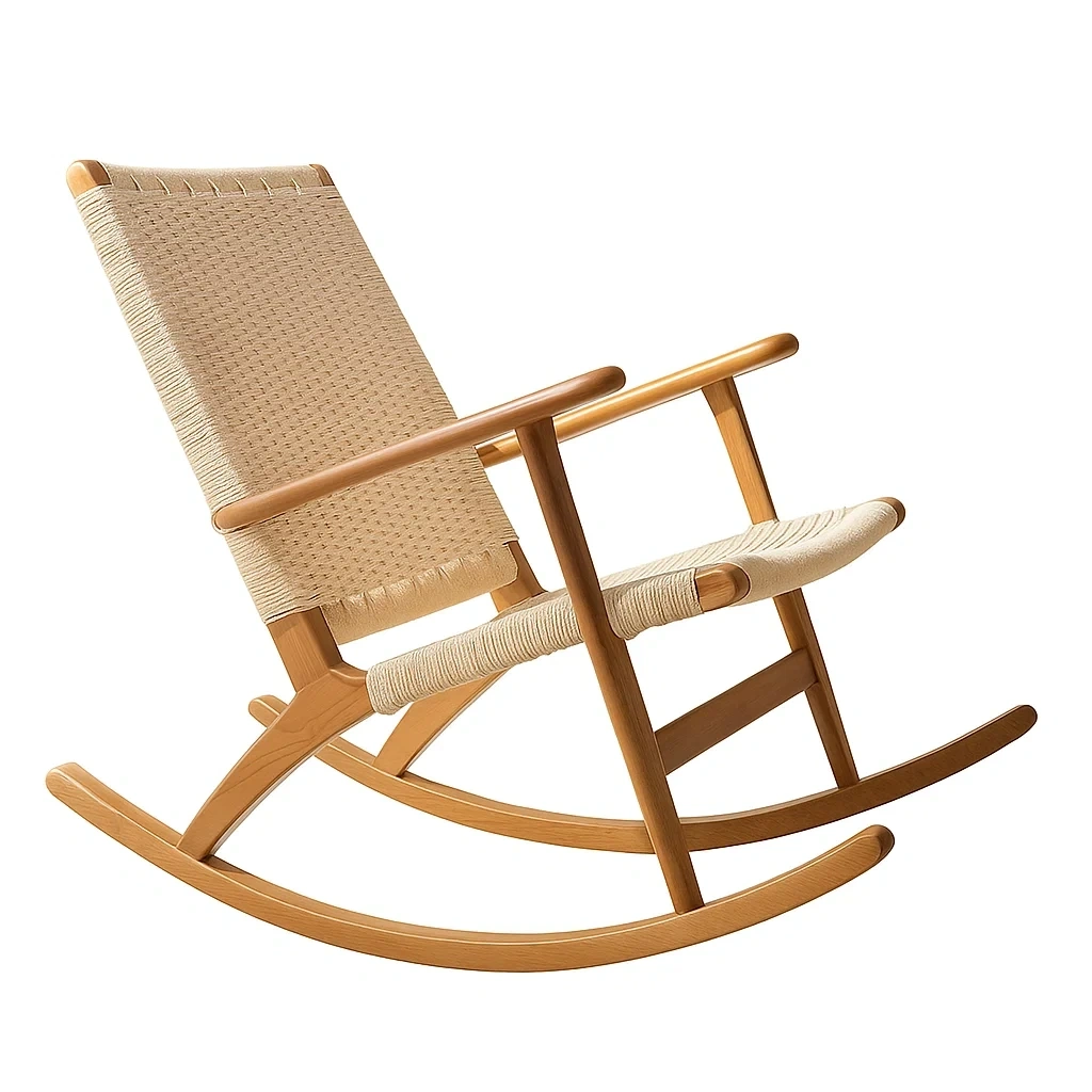 Fauteuil à bascule en bois avec assise tressée et dossier ergonomique