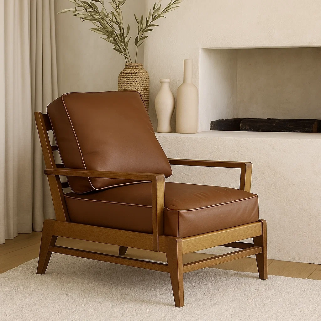 Fauteuil de salon en bois massif avec coussins rembourrés