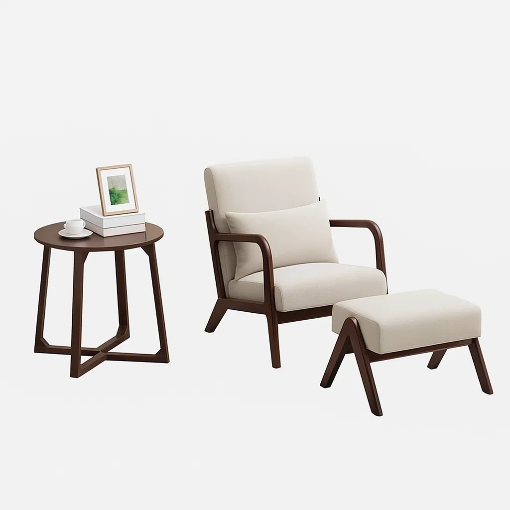 Ensemble 3 pièces avec fauteuil, repose-pieds et table basse en bois