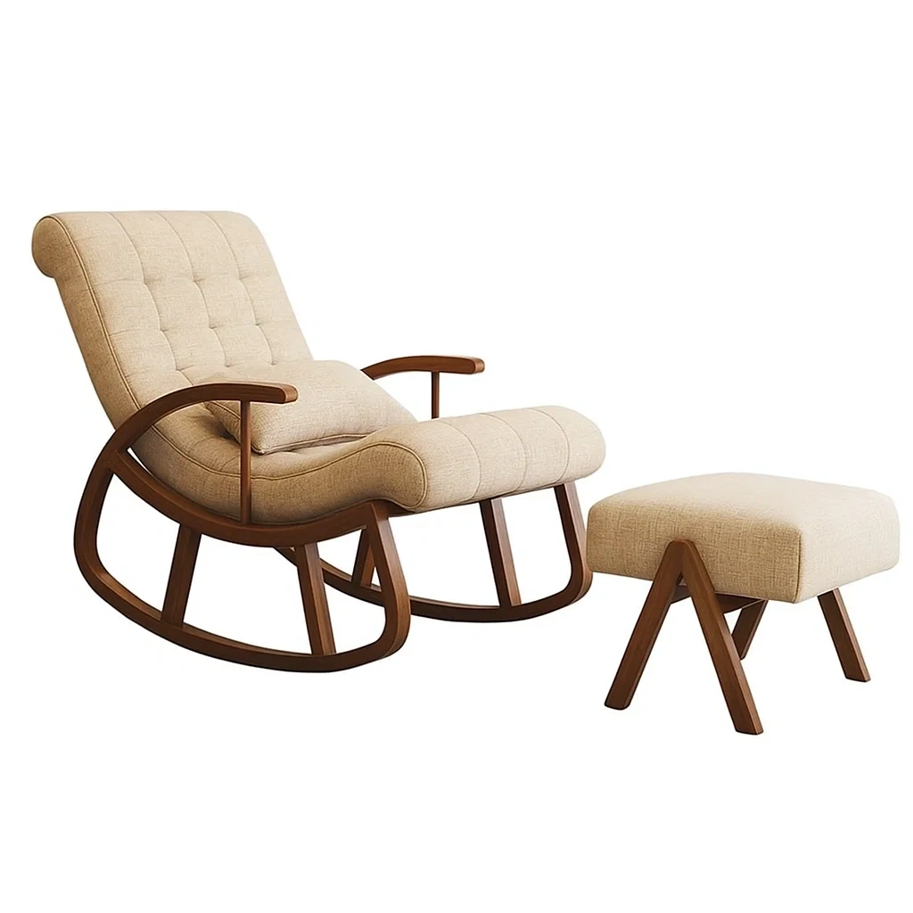 Fauteuil à bascule avec repose-pieds en bois et coussin rembourré