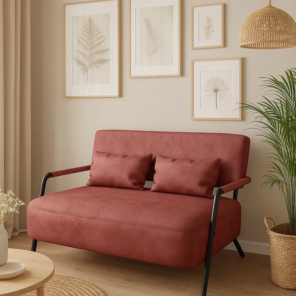 Canapé deux places moderne avec accoudoirs et coussins