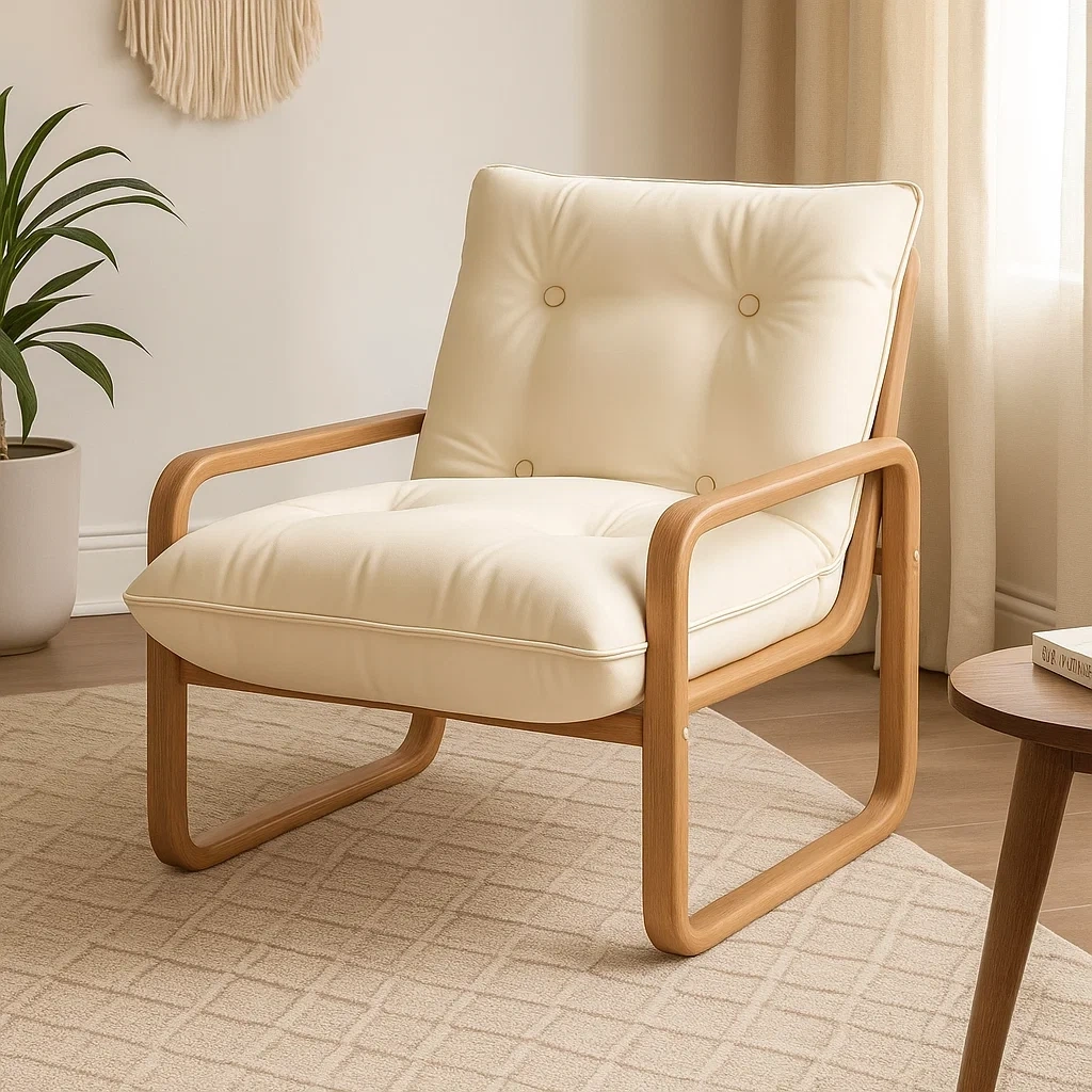 Fauteuil design scandinave avec structure en bois et coussins rembourrés