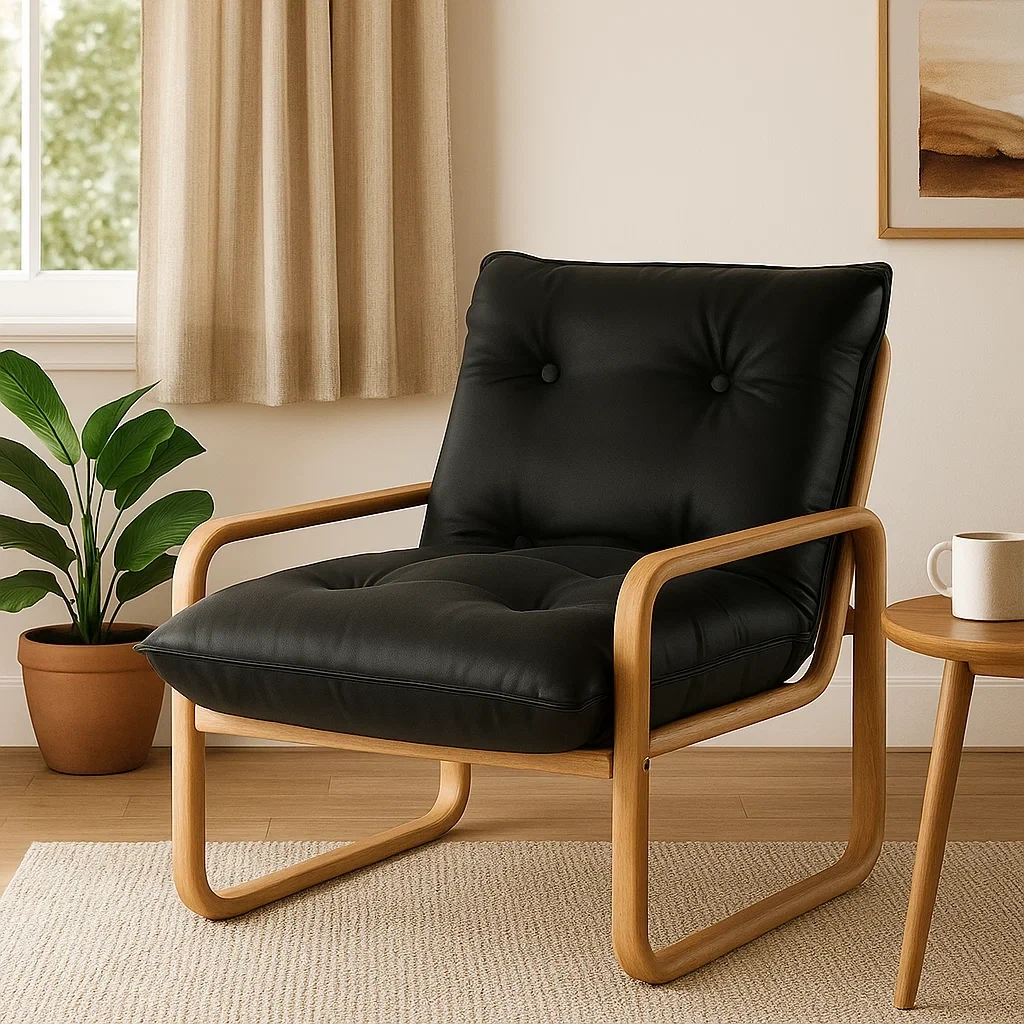Fauteuil design scandinave avec structure en bois et coussins rembourrés