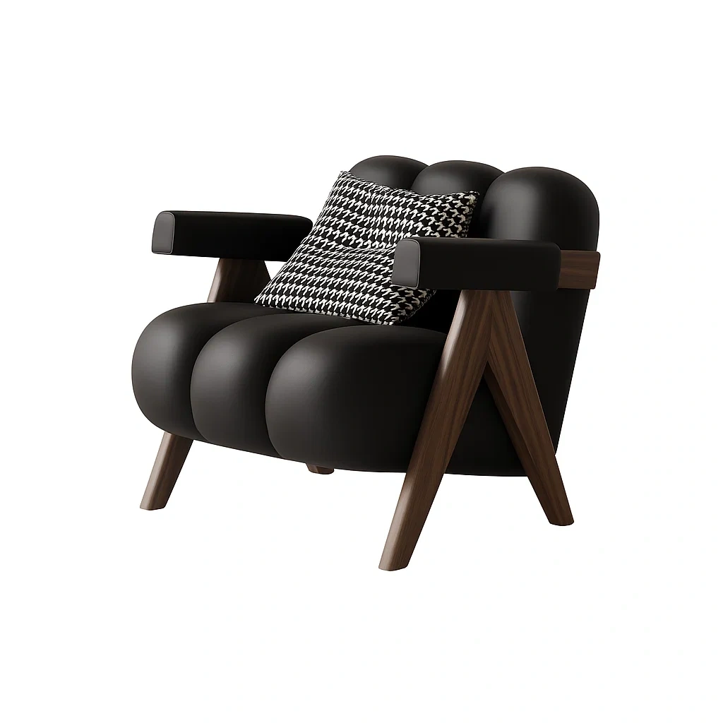 Fauteuil design moderne avec structure en bois et coussin décoratif
