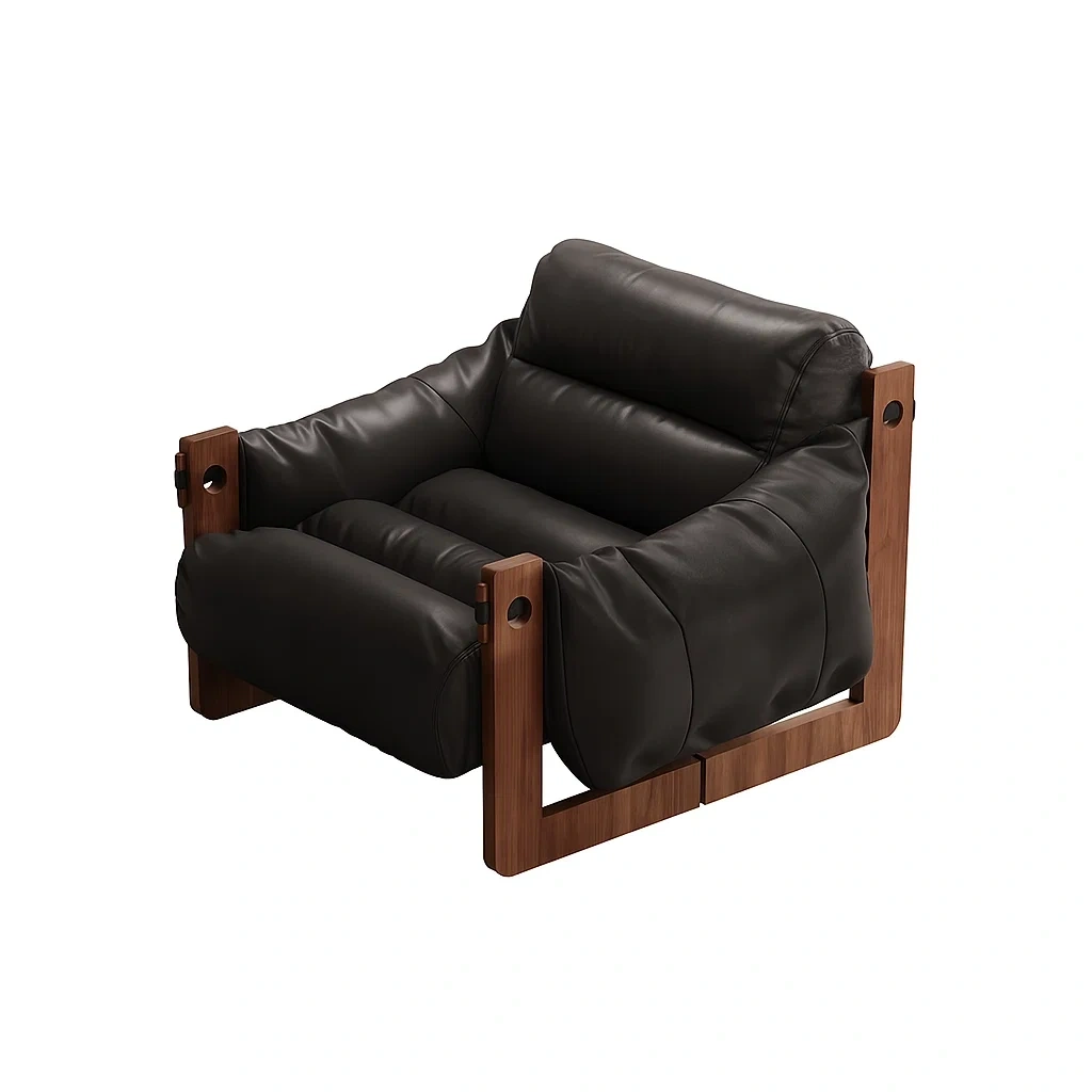 Fauteuil design avec structure en bois massif et coussins rembourrés