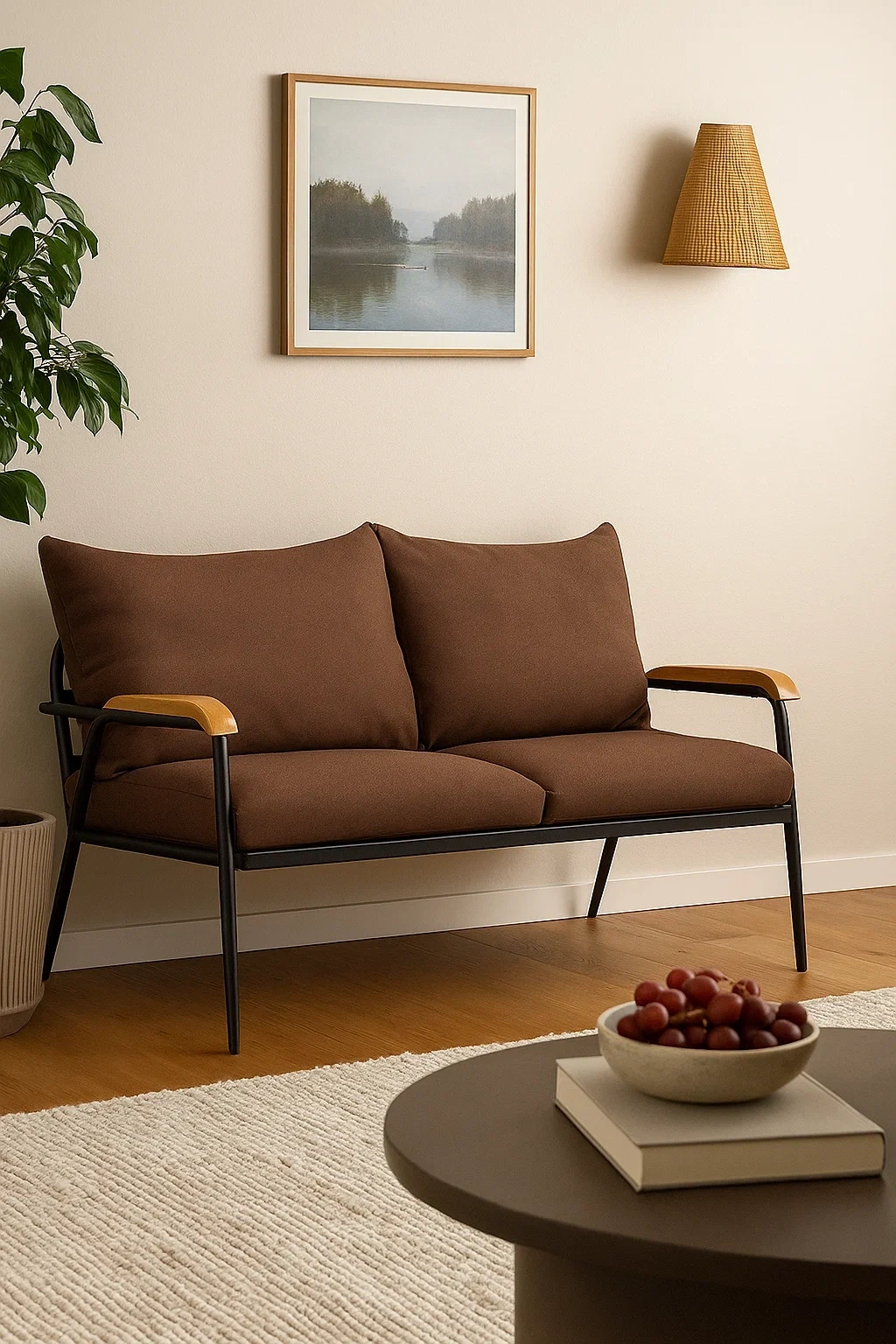 Canapé 2 places moderne avec accoudoirs en bois