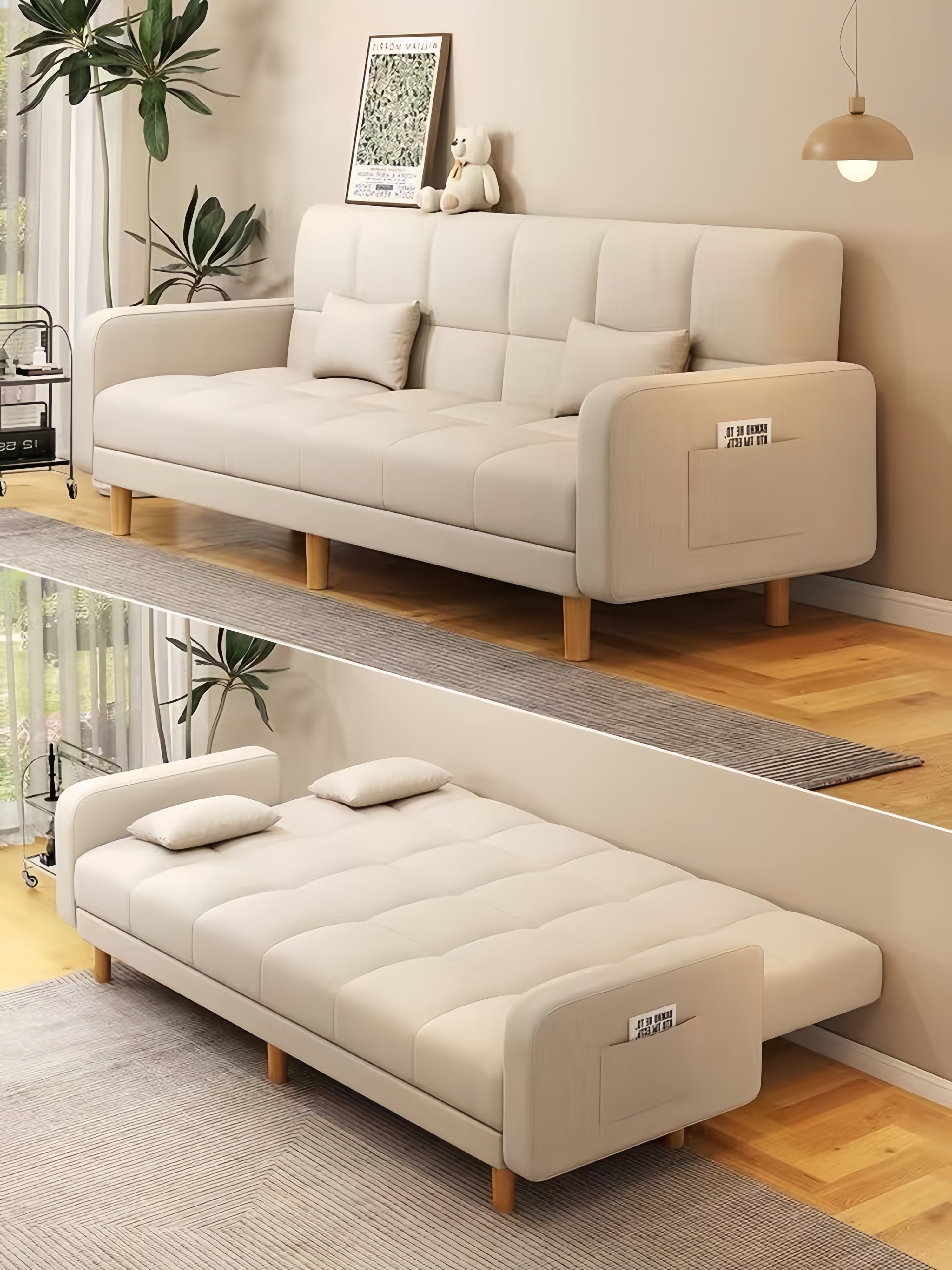 Canapé convertible moderne 3 places avec accoudoirs et coussins