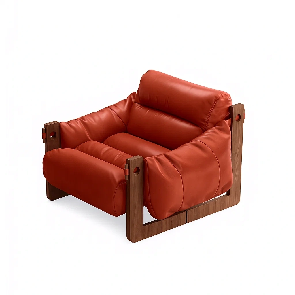 Fauteuil design avec structure en bois massif et coussins rembourrés