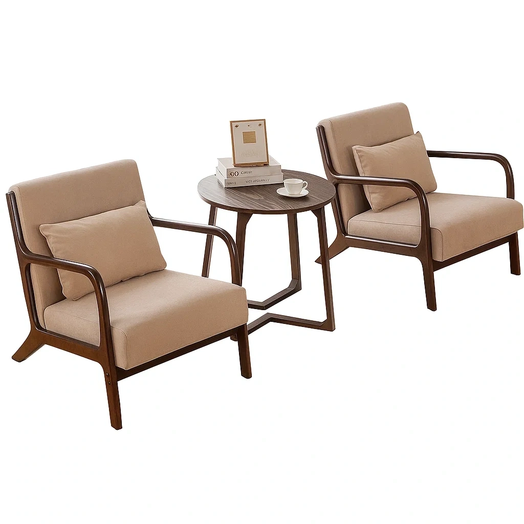 Ensemble de salon 3 pièces avec 2 fauteuils et 1 table basse en bois