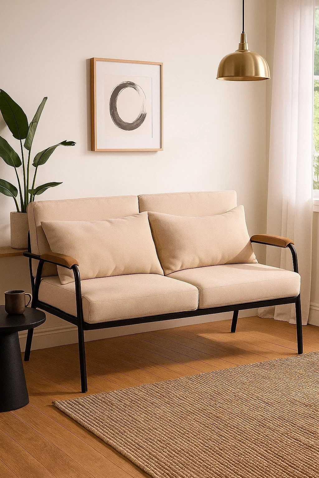 Canapé 2 places moderne avec accoudoirs en bois