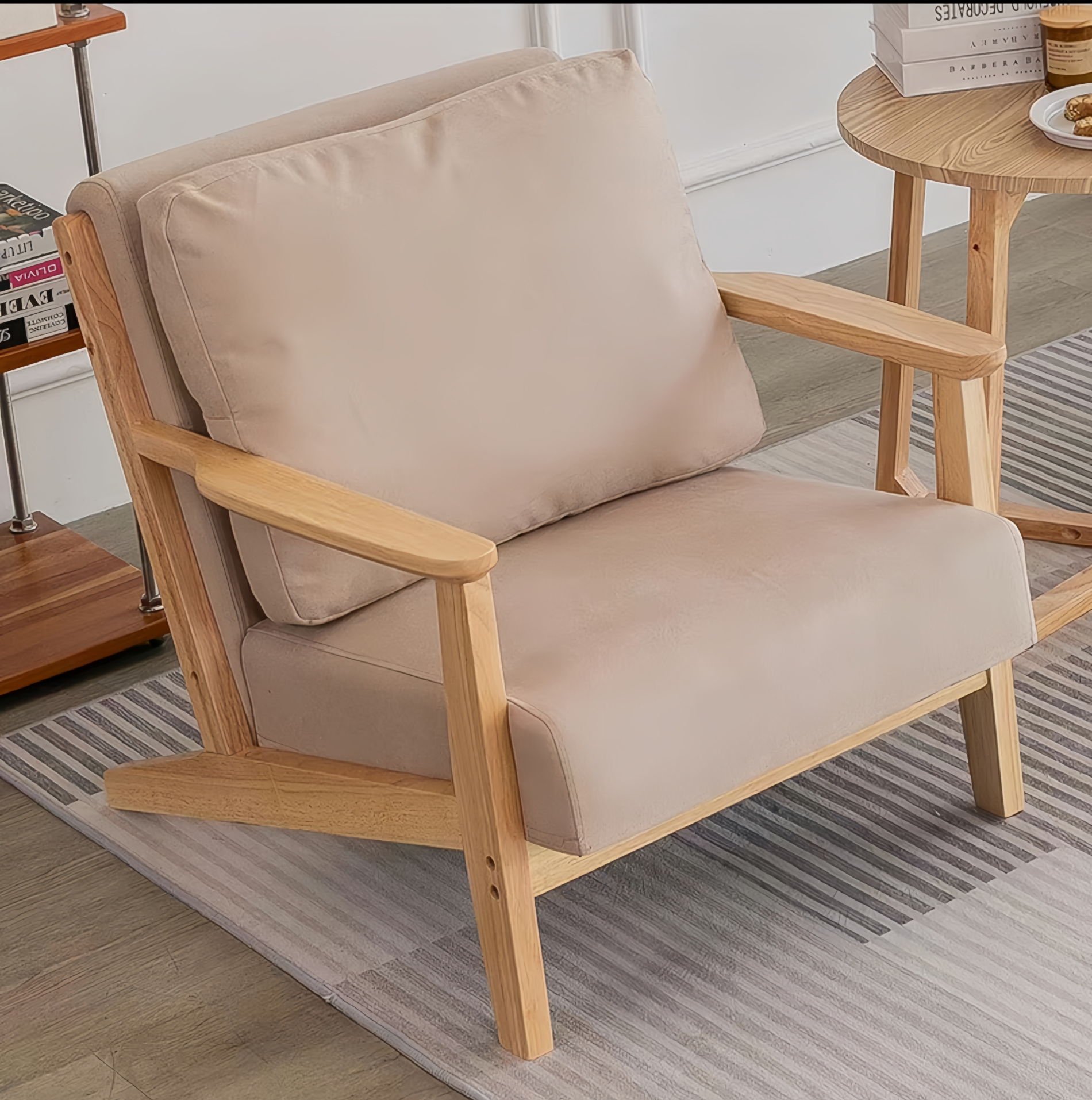 Fauteuil en Bois Clair avec Coussin Beige Amovible