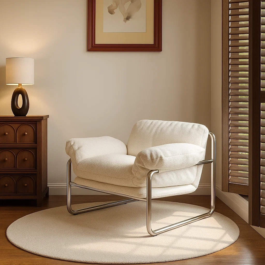 Fauteuil design moderne avec structure métallique et coussins rembourrés