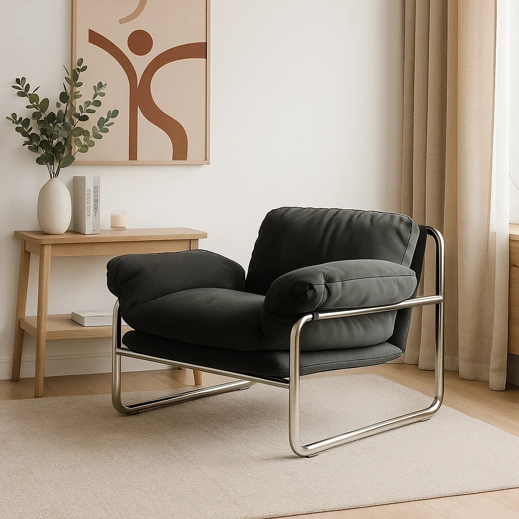 Fauteuil design moderne avec structure métallique et coussins rembourrés