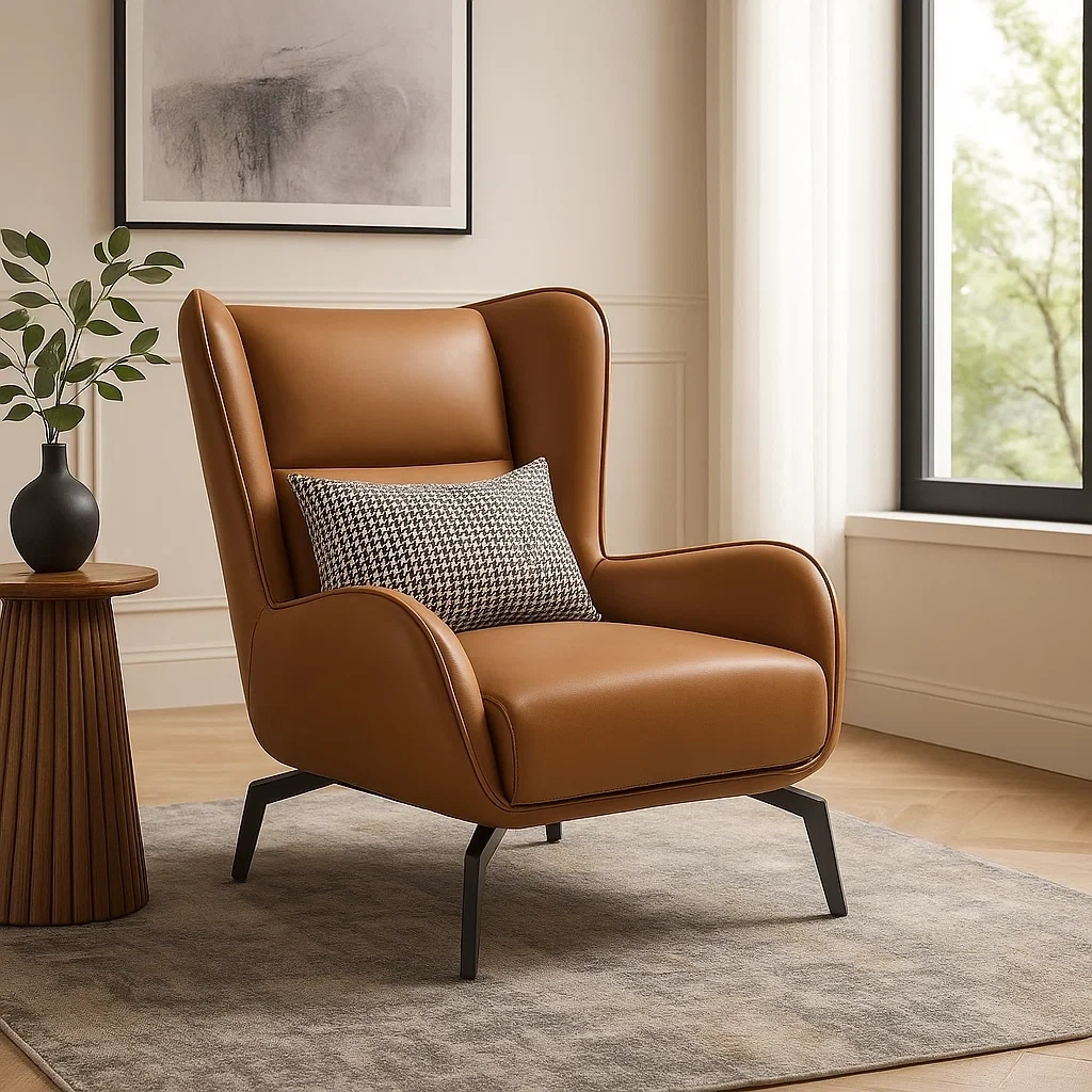 Fauteuil contemporain haut dossier avec coussin décoratif