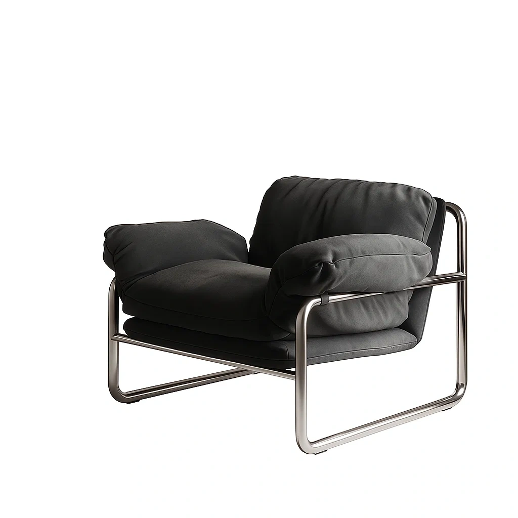 Fauteuil design moderne avec structure métallique et coussins rembourrés