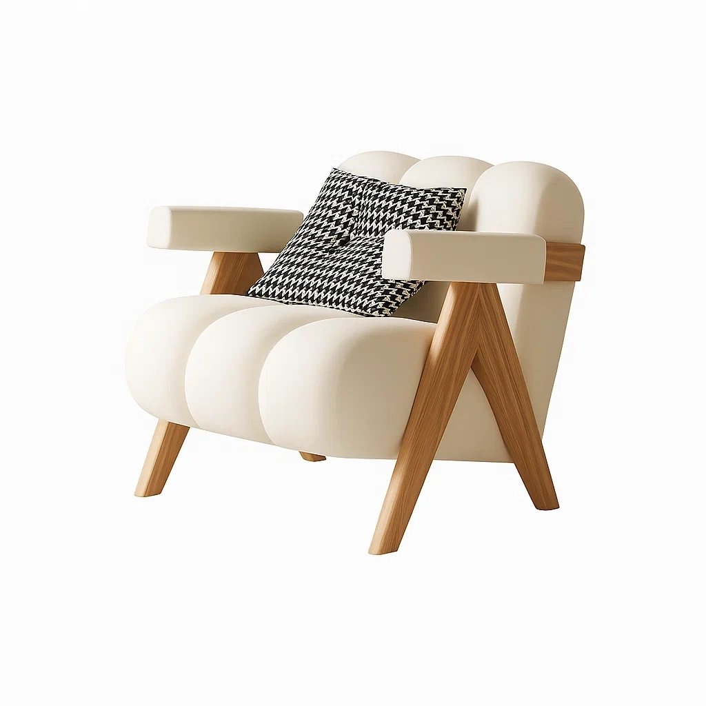 Fauteuil design moderne avec structure en bois et coussin décoratif