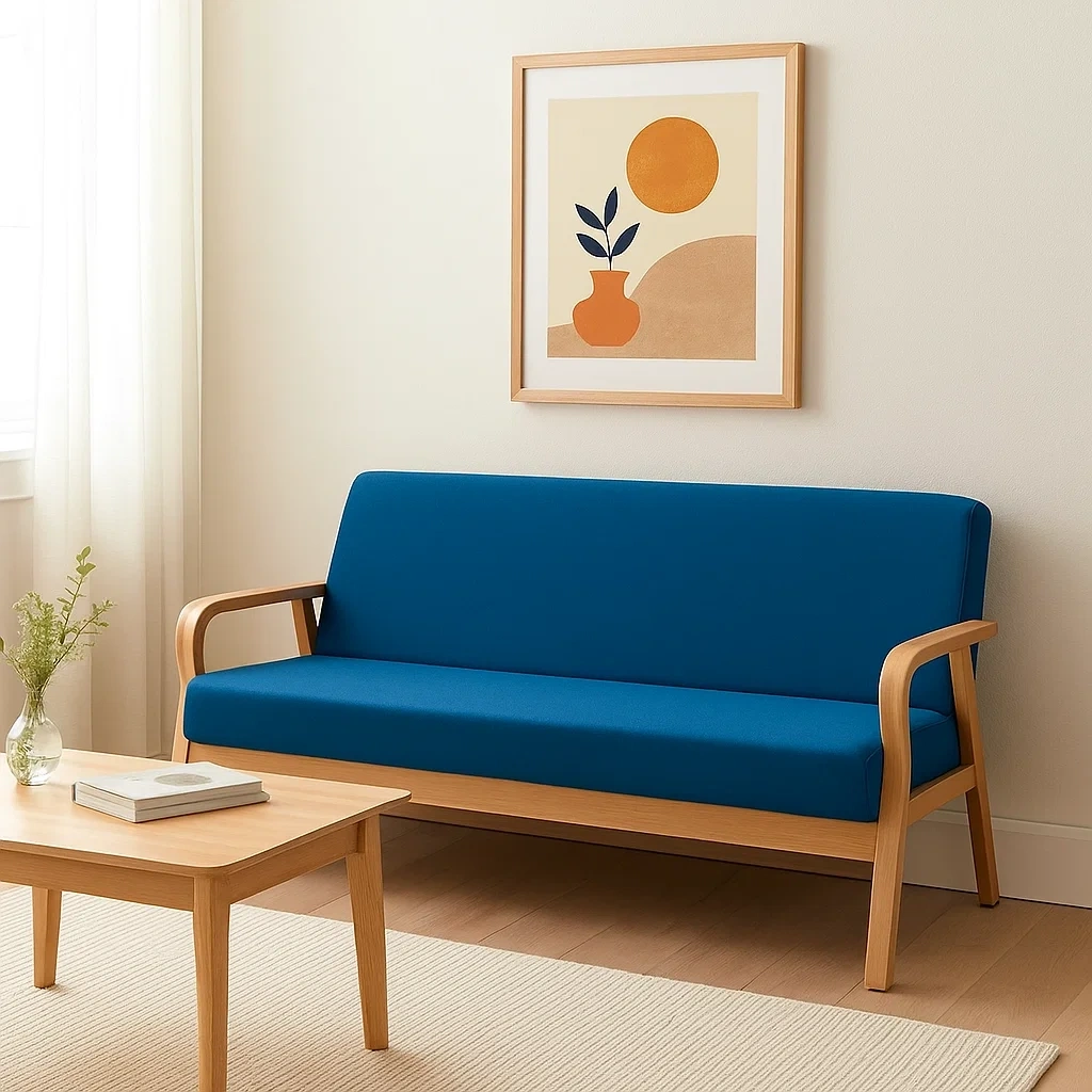 Canapé 2 places en bois avec accoudoirs arrondis et assise confortable