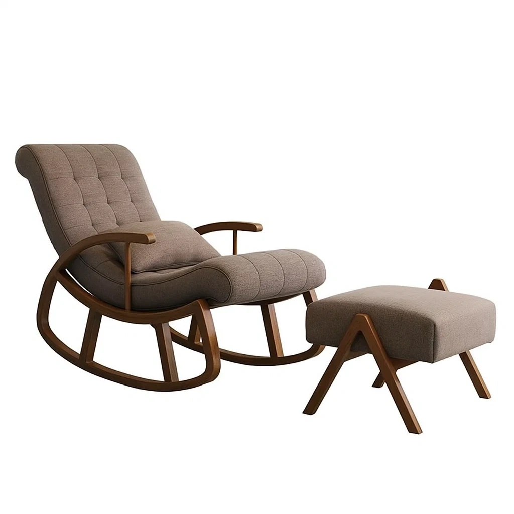 Fauteuil à bascule avec repose-pieds en bois et coussin rembourré