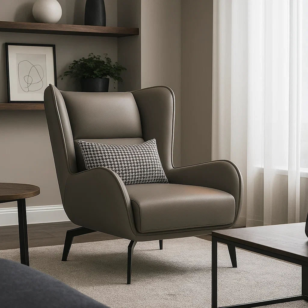 Fauteuil contemporain haut dossier avec coussin décoratif