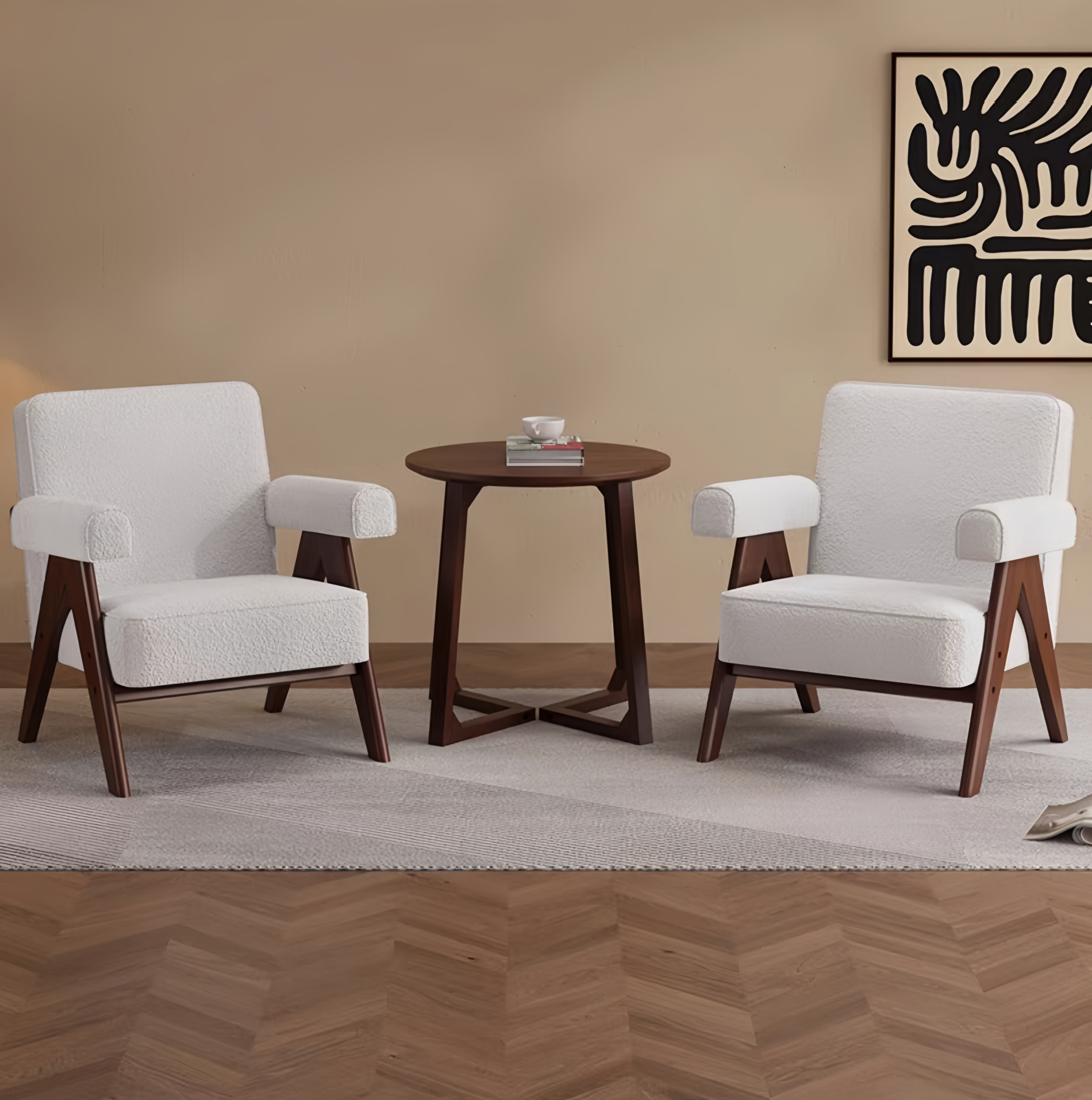 Ensemble de salon 3 pièces avec 2 fauteuils et 1 table basse en bois