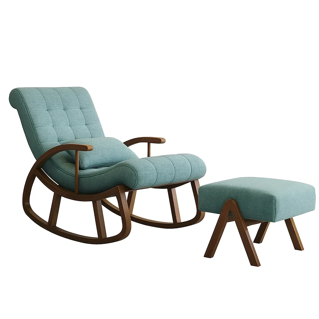 Fauteuil à bascule avec repose-pieds en bois et coussin rembourré
