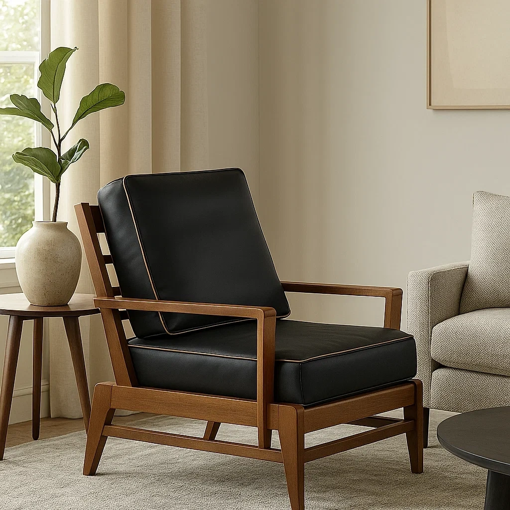 Fauteuil de salon en bois massif avec coussins rembourrés