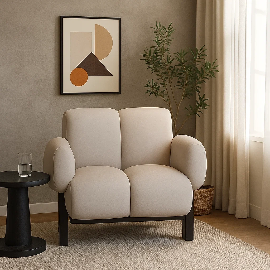 Fauteuil moderne en tissu rembourré avec accoudoirs arrondis