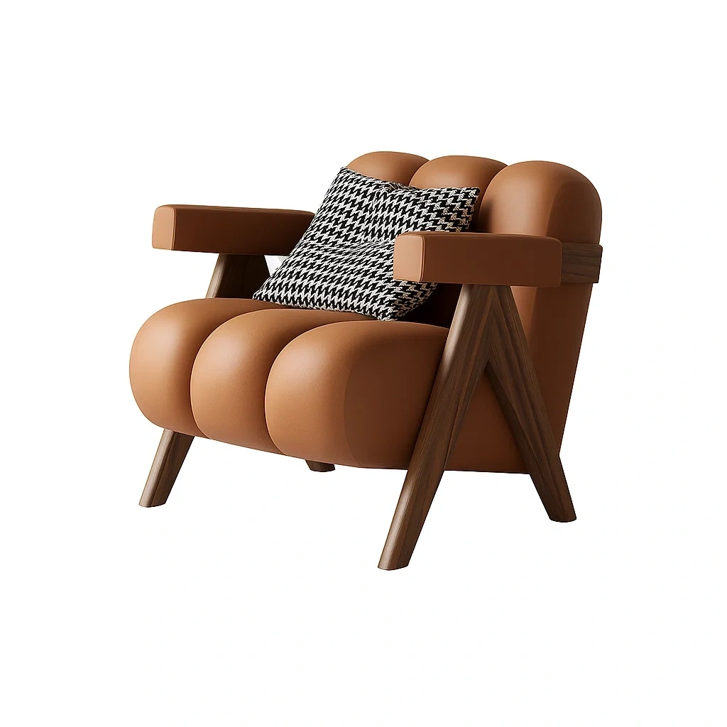 Fauteuil design moderne avec structure en bois et coussin décoratif