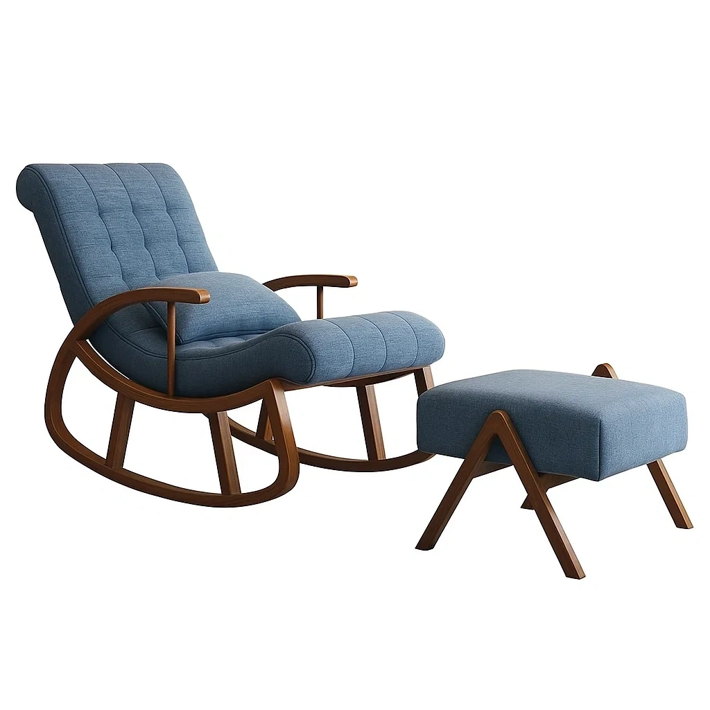 Fauteuil à bascule avec repose-pieds en bois et coussin rembourré