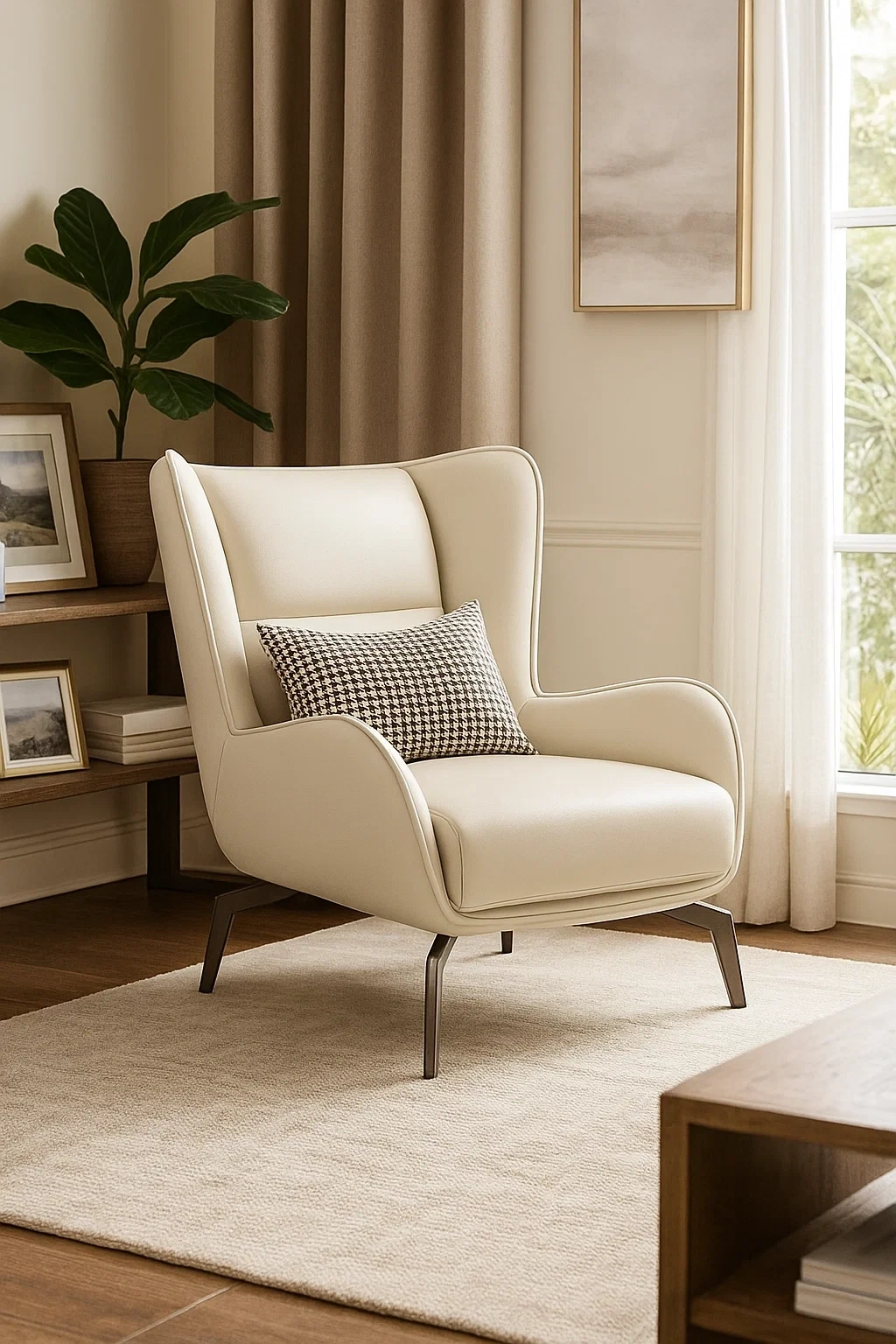 Fauteuil contemporain haut dossier avec coussin décoratif